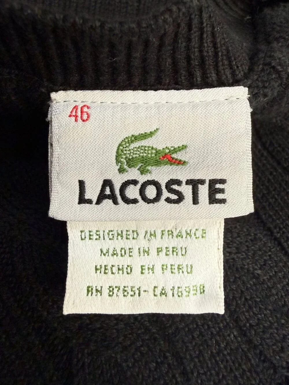 Lacoste Mens Black Cable Knit Crewneck Sweater Size 46 / US Large Cotton